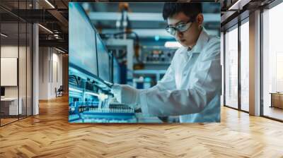 At a high-tech factory, an Asian engineer uses a laptop computer to program the pick and place electronic machinery for the PCB surface mount assembly line. Wall mural