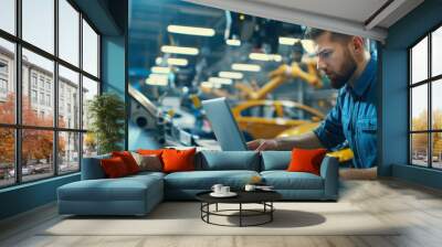 Auto factory engineer working with laptop computer, using robotic arms technology. Automated assembly line in an automotive manufacturing facility. Wall mural