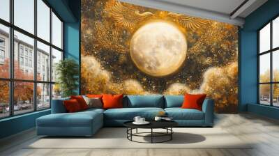 Background wallpaper with clouds, stars, and moon in a dark night Wall mural