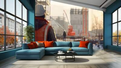 Backshot of a worker contractor wearing a hard hat and safety vest as he walks on a building construction site. In the background is a crane and the frames of a skyscraper forms the background of the Wall mural