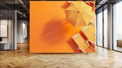 Beach umbrella and beach chairs on orange background. Summer vacation concept. 3D rendering. Wall mural