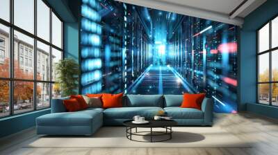 Big data can be quickly transmitted and processed with the help of a digital code and laser beams inside high-speed server equipment Wall mural