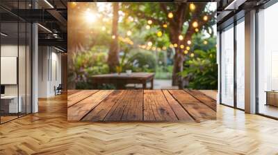 Blurred background of a wooden table with a party in a garden. Nice views of the natural landscape. Wall mural