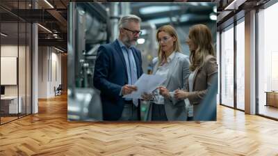 Businessman and businesswoman discuss plan in factory Wall mural