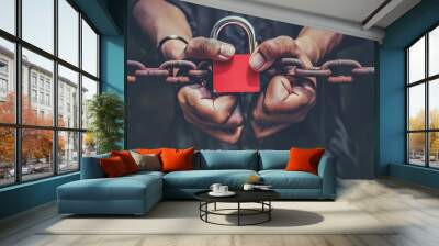 Chained human hands are chained together with a red padlock. Trafficking, slavery and domestic violence are portrayed in this concept. Wall mural