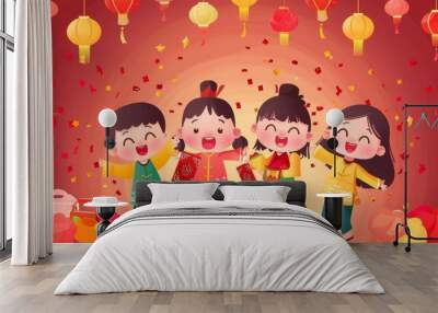 Children and decorations for Chinese New Year. An illustration of Asian children celebrating Chinese New Year. Festive objects and ornaments for wealth are seen in the background. Wall mural