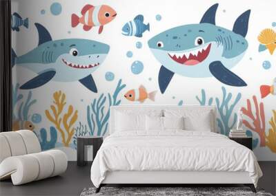 Children and sea creatures in an underwater adventure for nursery walls or kids' rooms Wall mural