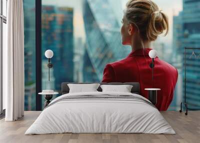 Confident top manager of a large technology company wearing a red suit and looking out of the window at the big city. Confident female corporate top manager of a large technology company plans Wall mural