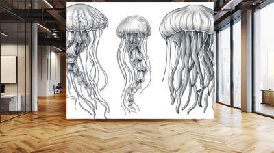 Cubozoa box jellyfish, underwater animal, deep ocean water sealife character isolated on a monochrome sketch background. Sea jellies Pacific nettle. Sea jellyfish isolated on a monochrome sketch Wall mural