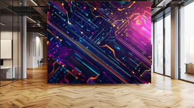 Dark futuristic background with neon lights, circuit patterns, and digital interface elements. Wall mural