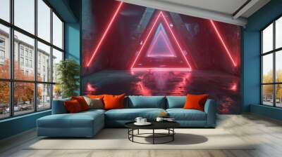 Detailed three dimensional rendering of future triangle concrete blocks with asphalt side windows in a hall tunnel garage with empty tracks in a sci-fi futuristic 3D scene. Wall mural