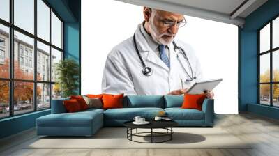 Doctor reading a recipe from a tablet while standing in front of a white background Wall mural