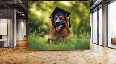 Dog in a garden wearing a graduation cap. Wall mural