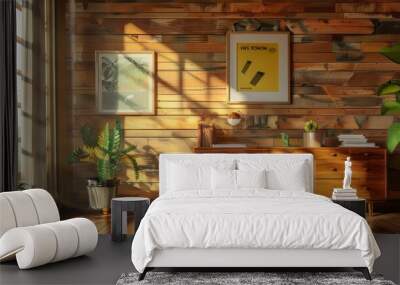 Dresser and poster are displayed in this wood-paneled living room interior Wall mural