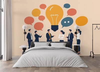 Efficacious communication, meeting discussion, communicating intelligence information, team opinions, business people discussing ideas with lightbulb bubbles. Wall mural