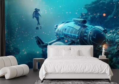 Exploration of shipwreck by underwater autonomous robot. Underwater drone with diver. Wall mural