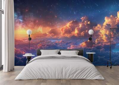 Fantasy fairy tale banner background of brilliant morning dawning blue cloudy sky with sparkling stars and mysterious clouds, clear air, tranquil idyllic harmonious beautiful environment. Wall mural