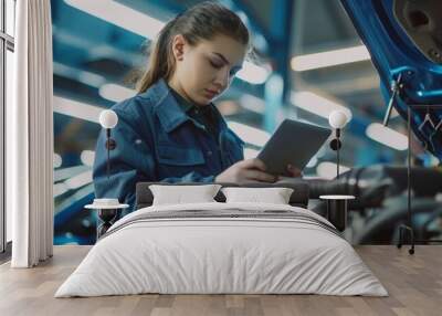 Female student inspects the car engine under the instructions of an instructor with a tablet computer. Assistant is examining the cause of a break down in the vehicle in a car service. Wall mural