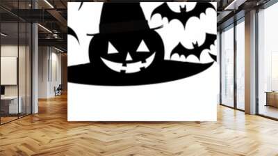 Frame border and divider with black silhouettes of creepy pumpkin faces, cats, skulls and flying bats. Wall mural