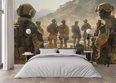 Fully equipped group of soldiers planning their actions before a military operation in the desert. Wall mural