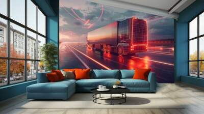 Future Technology Concept: A self-driving lorry with a cargo trailer and scanning sensors drives on a freeway using information gathered from scanning sensors. Wall mural