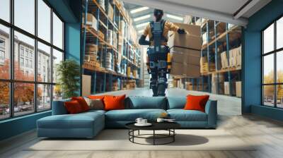 Futuristic warehouse scene, worker wearing advanced exoskeleton, carrying heavy cardboard box. Exosuit enhances performance, strength, and eliminates occupational injuries. Wall mural