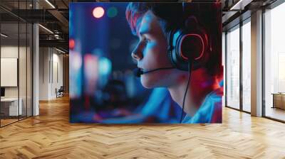 Gamer playing video game in internet café while wearing headphones and speaking commands into microphone. Wall mural