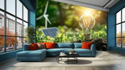 Green energy concept. A lightbulb with a solar panel on the ground and a wind turbine attached Wall mural