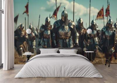 Historical reenactment of an ancient army of medieval knights marching on a battlefield. Iron plate bodied armored warriors walking. War, battle, and conquest. Epic cinematic shot. Wall mural