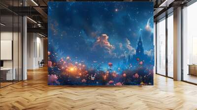 Idyllic serene fabulous mystic scene of twinkling stars, glowing moon, pink roses in flower garden, magical castle in blue night sky. Beautiful fairy tale photo background. Wall mural