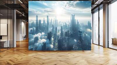 Imaginative concept of an urban megapolis with creative skyscrapers, banks, offices, hotels, autonomous flying machines, perfect clouds, a futuristic city concept. 3D illustration. Wall mural