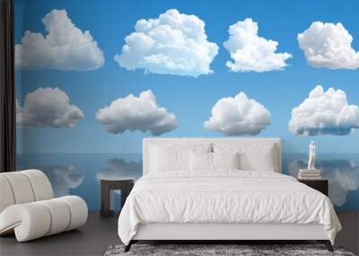 In a bluish sky, there are 3D semitransparent white clouds. It is a set of summer rain clouds. It is a cloudscape featuring fluffy cumulus clouds. This is an exotic outdoor summer scene including Wall mural