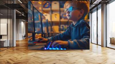 In an elementary school computer science class, a smart little schoolboy works on a computer, learning programming for software coding. Children receive a modern education in this classroom. Wall mural