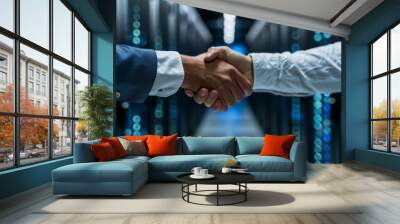 In front of a server in a data center are two unrecognizable men shaking hands. Wall mural