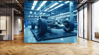 In the Automotive Innovation Facility, an automotive design team is building an electric car prototype chassis that includes wheels, suspension, a hybrid engine and a battery as well as a hybrid Wall mural