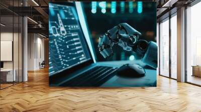 In the center is a screen shot of a robotics engineer using a laptop computer with a software application controlling the robot arm. The robot hand is holding a microchip. This is the research and Wall mural