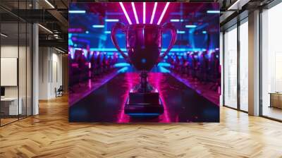 In the Computer Video Games Championship Arena, an eSports winner trophy stands on a stage with two rows of computers. Neon lights and cool area designs adorn the area. Wall mural