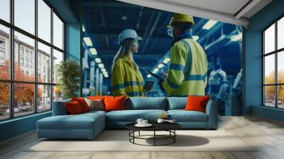 In the modern factory, two female and male engineers use tablets, wear safety jackets, hardhats and stand in an industrial workshop. They use CNC machinery and robot arms to produce the product. Wall mural