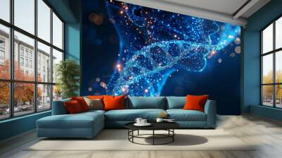 In this concept, DNA and physical molecules are merged, depicting a human body connection on a futuristic blue background. Wall mural