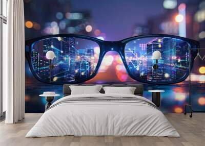 Innovative eyeglasses with virtual reality interface overlaid on a nighttime cityscape, showcasing cutting-edge technology. Wall mural