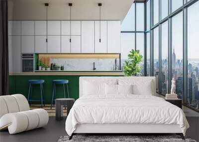 Interior of a green home kitchen with a bar counter, seats, and a panoramic window Wall mural