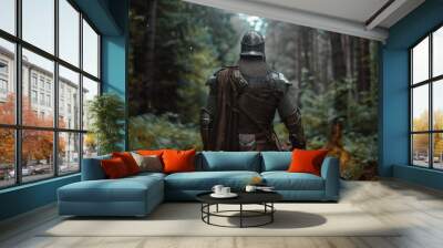 Invading and colonizing a mysterious land, a lonesome medieval warrior marches through the forest. At the edge of the forest, he wears full body armor, helmet, shield, and sword as he travels through Wall mural