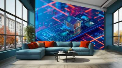 iot icons with smart home logo. Smart phone controls smart home devices via wireless connection and voice commands. Wall mural