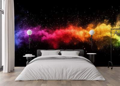 Isolated dark black wide panorama background with colorful rainbow holi paint color powder explosion garland banner. Wall mural