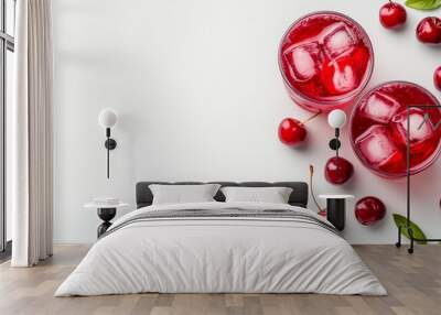 Isolated view of cocktail garnished with cherry and fresh cranberry juice with ice and text Wall mural