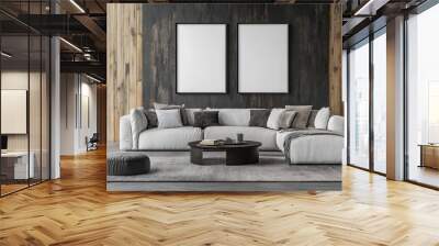 Living room interior with two blank posters, light wooden panels, and minimalist decor. Concept for poster mockup. 3D rendering. Wall mural