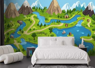 Map of a board game, a digital board of trees and floating lands, Concept Art. Illustration of a book. Illustration of a video game scene. Serious digital painting. CG Background Art. Stock Wall mural