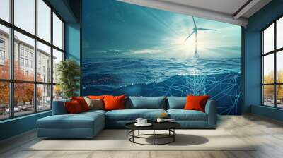 Maritime wind turbines. Construction of wind generators on the seabed. Windmill connection cables. Power generation technology. Coastal landscape. The sun's rays shine through the sea. Wall mural