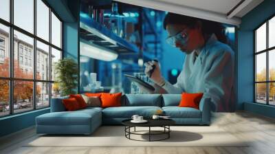 Medical Research Laboratory: Female Scientist Working with Micro Pipette, Using Digital Tablet for Sample Analysis. Advanced Scientific Lab for Medicine. Wall mural