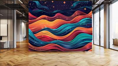 Music cover dance party poster design in vibrant rainbow colors with orange blue teal white psychedelic gradient color wave. Retro colors from the 1970s and 1980s. Wall mural